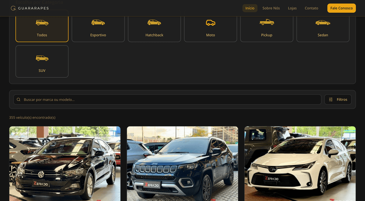 Busca por categoria e vitrine de veículos do Guararapes Auto Shopping