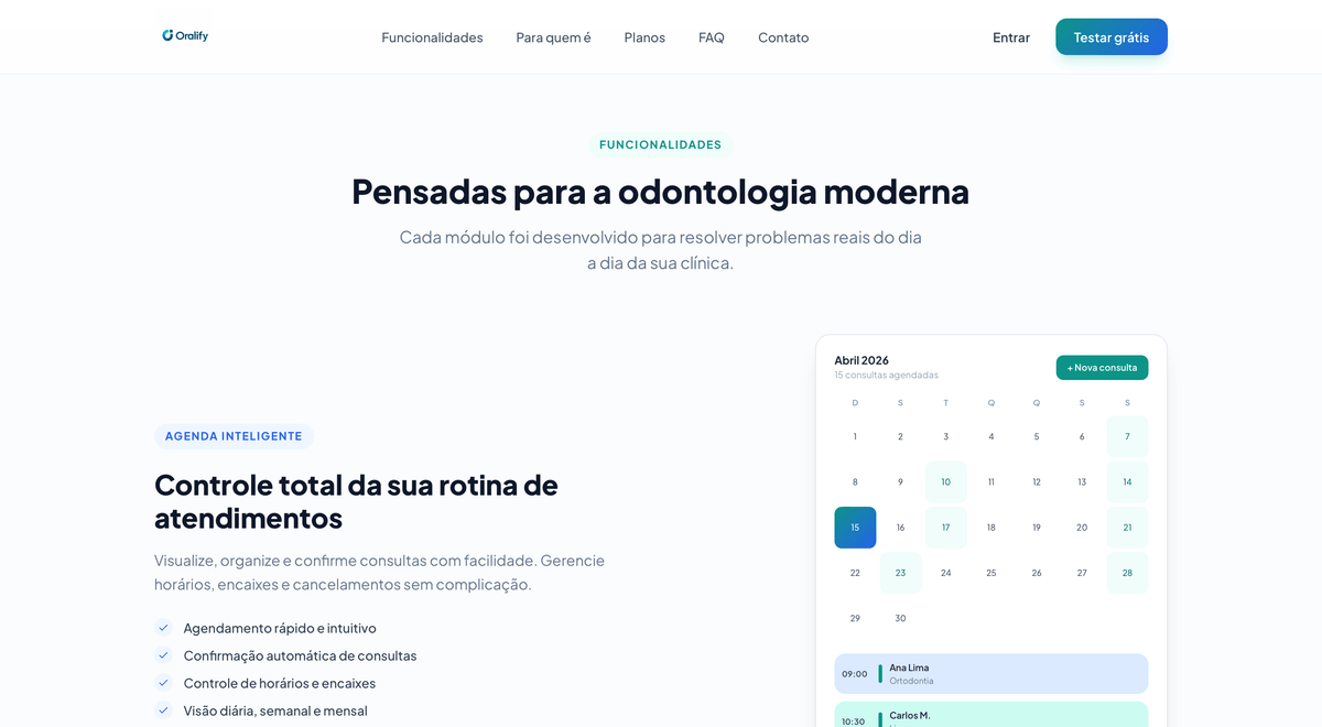 Agenda de atendimentos e funcionalidades do Oralify